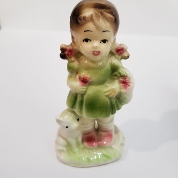 Vintage Fine Porcelain Japan Boy w/Lamb & Little Girl w/Cat 4.5'H Figurines - Picture 5 of 6